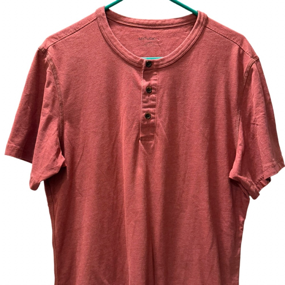 Mens Untuckit Henley Shirt Terracotta L Short Sleeve Casual Collarless Neckline